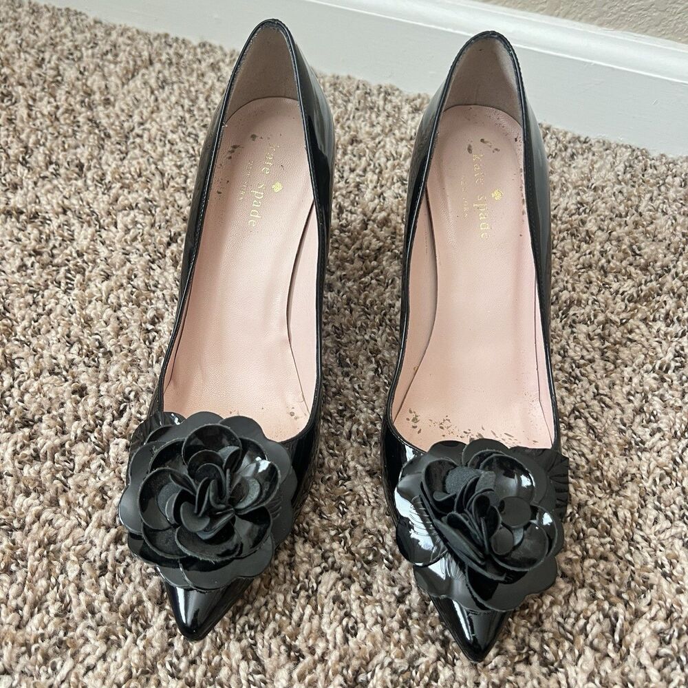 Kate Spade Pixanne Black Patent Block Heel Pumps Women's Size 8 Floral